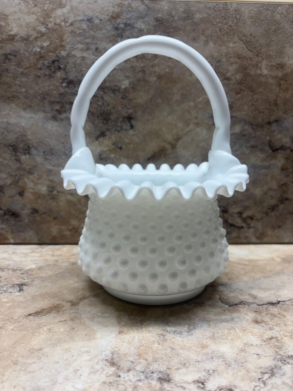 Fenton White Milk Glass Hobnail Basket With Ruffled Edge And Handle